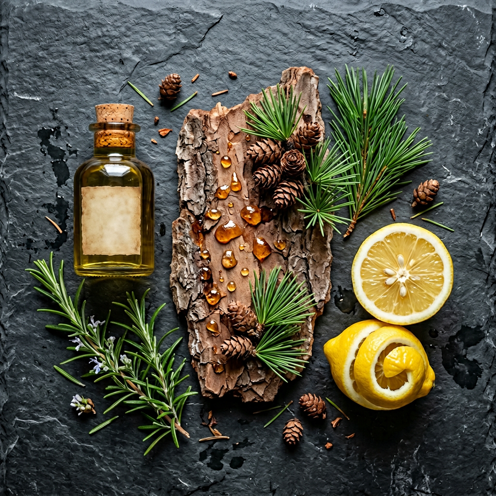 Natural alpine ingredients — larch resin, pine needles, olive oil, rosemary